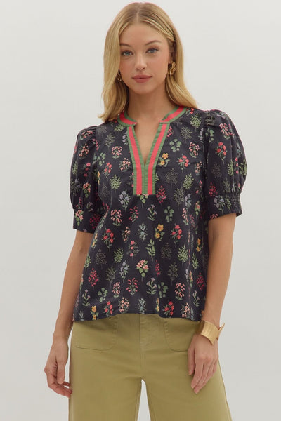 Courtney Floral Puff Sleeve Top- Black-K. Ellis Boutique