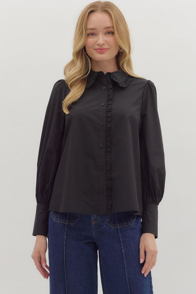 Ruffle Hem Long Sleeve Button Up- Black-K. Ellis Boutique