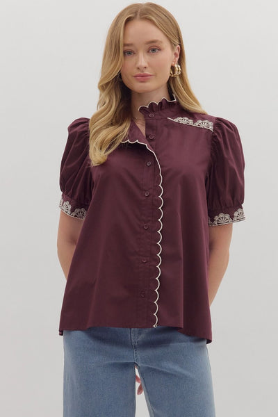 Embroidered Detail Puff Sleeve Top- Wine-K. Ellis Boutique