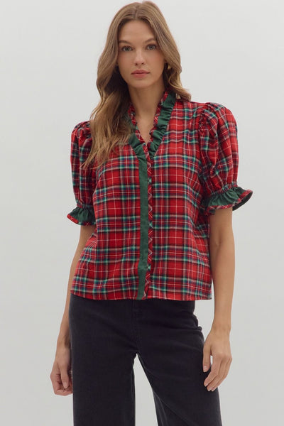 Tartan Ruffle Hem Top- Red-K. Ellis Boutique
