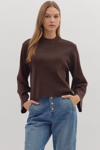 Katie Solid Long Sleeve Sweater Mock Neck- Espresso-K. Ellis Boutique