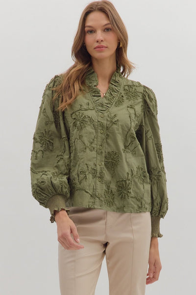 Floral Applique Top- Olive-K. Ellis Boutique