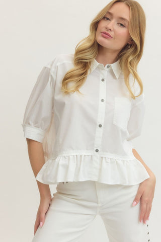 Miranda Ruffle Hem Button Up- Off White-Short Sleeve Top-K. Ellis Boutique