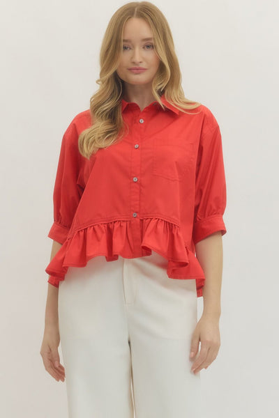 Miranda Ruffle Hem Button Up- Red-K. Ellis Boutique