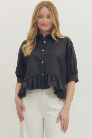 Miranda Ruffle Hem Button Up- Black-Short Sleeve Top-K. Ellis Boutique