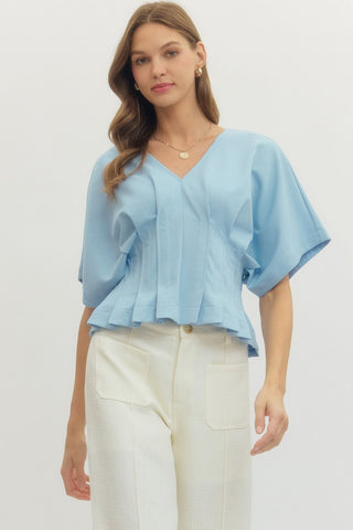 Blaire Pleated Waist Top- Light Blue-Short Sleeve Top-K. Ellis Boutique