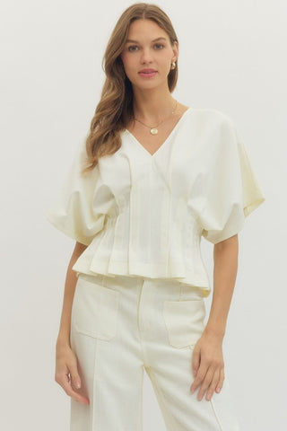 Blaire Pleated Waist Top- Cream-Short Sleeve Top-K. Ellis Boutique