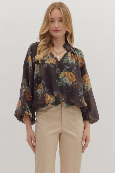 Floral Print Sydney Blouse -Chocolate Floral Print-K. Ellis Boutique