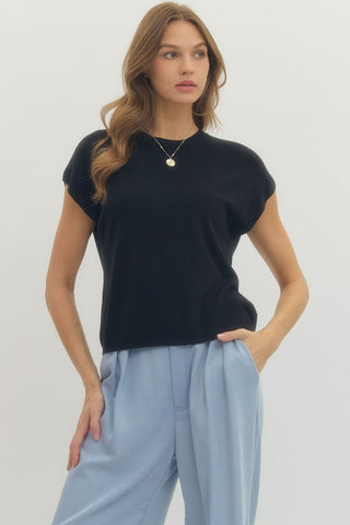 Hailey Cap Sleeve Knit- Black-Short Sleeve Top-K. Ellis Boutique