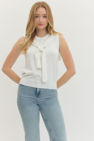 Robin Sleeveless Knit Top with Self Tie Scarf - Ivory-Sleeveless Top-K. Ellis Boutique