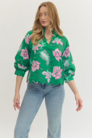 Sara Floral Printed Top - Green & Pink-K. Ellis Boutique