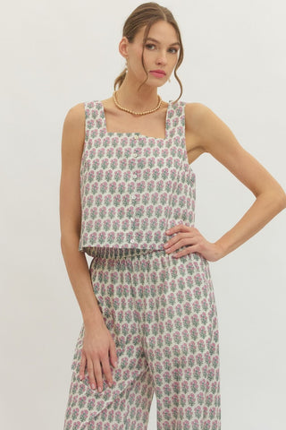 Botanical Print Tank and Pant Set- Ecru-K. Ellis Boutique