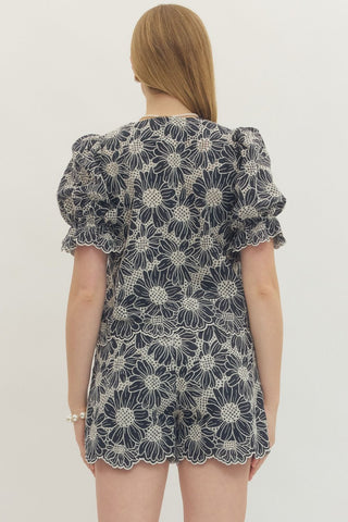 Floral Lace Shorts with Scallop Hem- Navy-K. Ellis Boutique