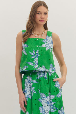 Eyelet Bloom Top- green-Sleeveless Top-K. Ellis Boutique