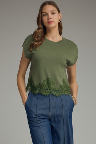 Olive Lace Knit Top-Short Sleeve Top-K. Ellis Boutique