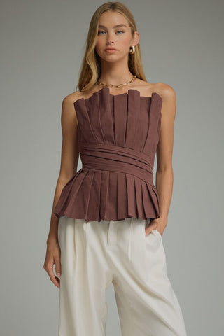 Espresso Pleated Peplum Top-Sleeveless Top-K. Ellis Boutique