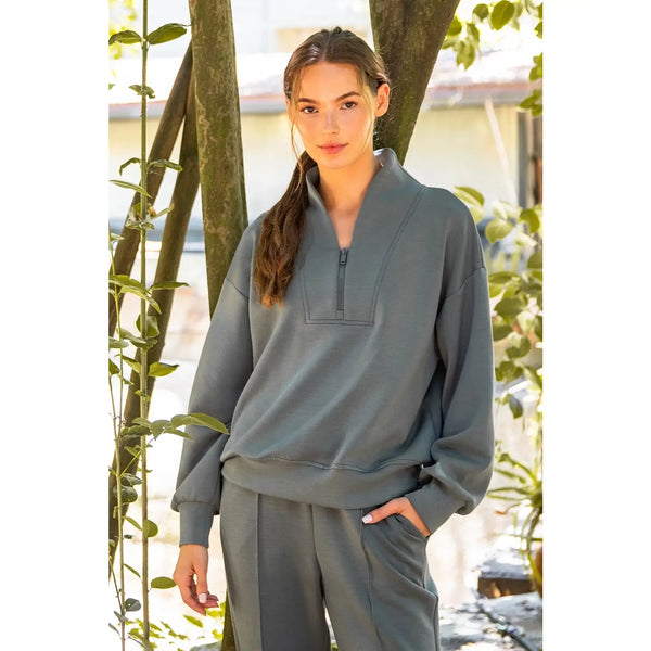 Modal Scuba Half Zip Pullover- Sage Leaf-K. Ellis Boutique