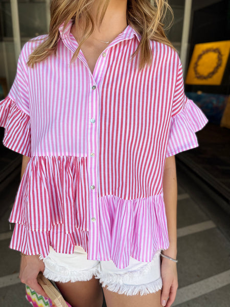 Striped Ruffle Button Down - Pink Combo-K. Ellis Boutique