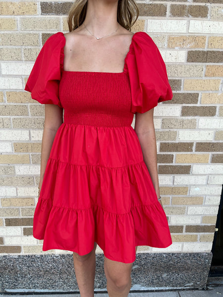 Puff Sleeve Tiered Mini Dress - Red-K. Ellis Boutique
