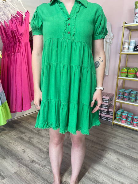 Linen Collared Tiered Dress - Green-K. Ellis Boutique