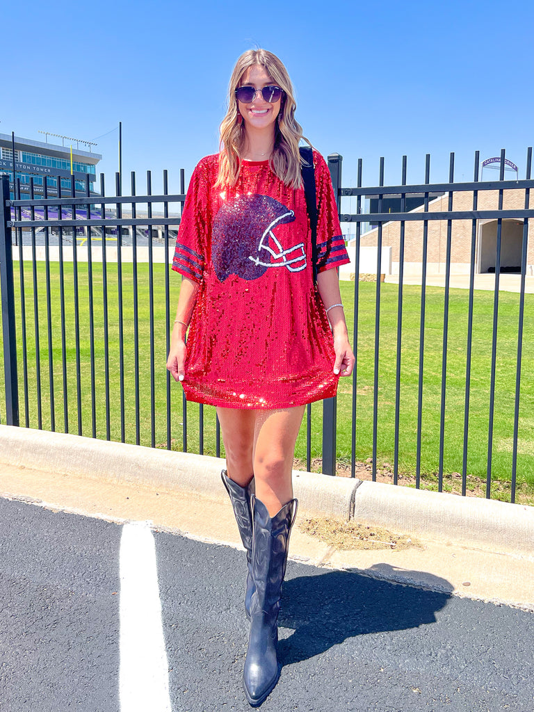 FOOTBALL HELMET SEQUIN DRESS/TUNIC/TOP - RED / BLACK