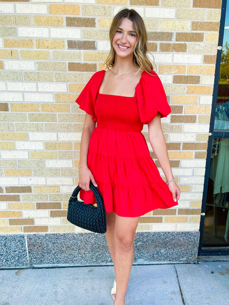 Puff Sleeve Tiered Mini Dress - Red-K. Ellis Boutique