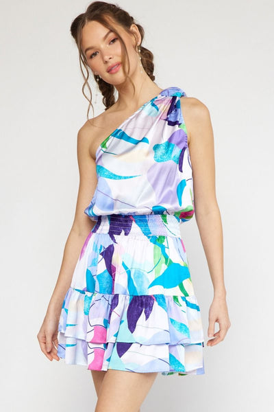 Satin Print One Shoulder Smocked Waist Mini Dress-K. Ellis Boutique