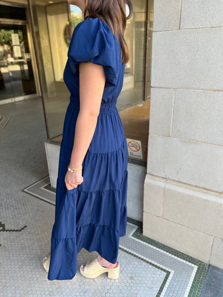 Bubble Sleeve Tiered Midi Dress - Navy-K. Ellis Boutique