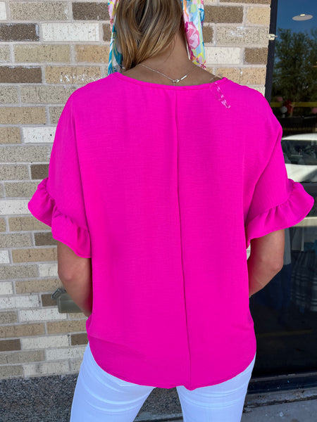 V-Neck Ruffle Sleeve Top- Hot Pink-K. Ellis Boutique