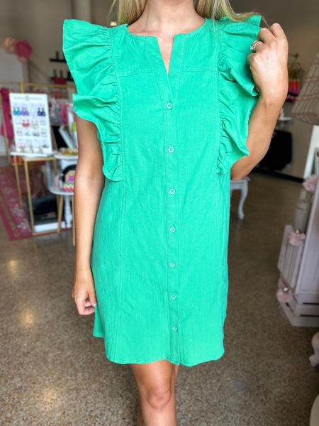 Ruffle Sleeve Mini Dress - Green- MEDIUM-K. Ellis Boutique
