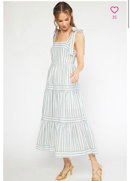 Self-Tie Striped Tiered Midi Dress - sage-K. Ellis Boutique