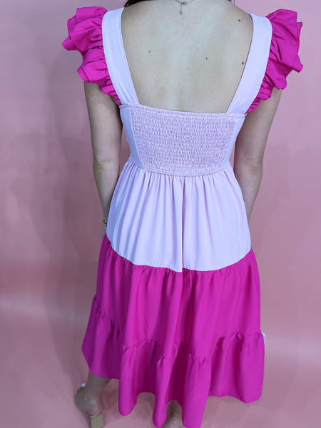 Colorblock Ruffle Sleeve Tiered Midi Dress- Pink-K. Ellis Boutique