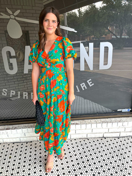Floral Puff Sleeve Tiered Midi Dress - Green-K. Ellis Boutique