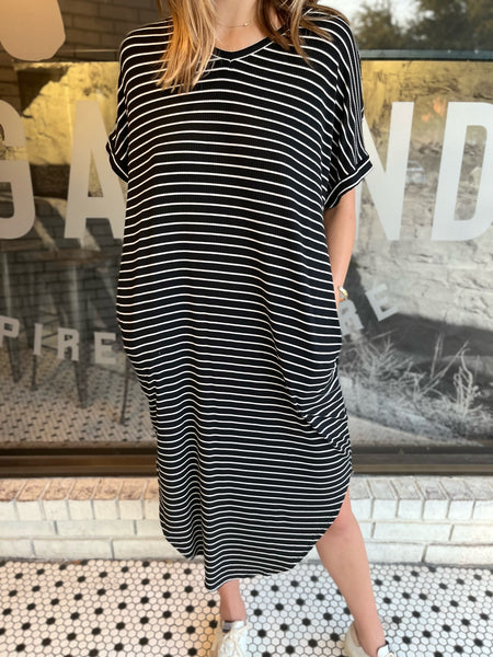 Striped Rib Knit Maxi Dress - Black/White-K. Ellis Boutique