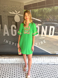 Solid Embroidery Detail Dress - Kelly Green-K. Ellis Boutique