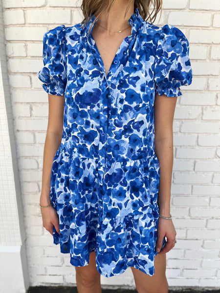 Floral Printed Dress With Ruffled Collar - Blue-K. Ellis Boutique