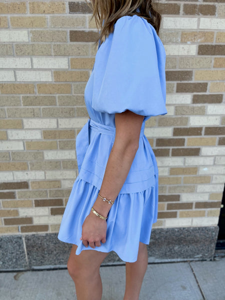 Button Up Tiered Mini Dress - Blue-K. Ellis Boutique