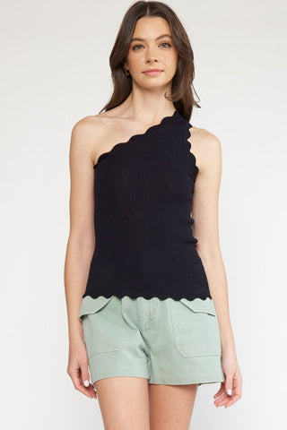 Scalloped Edge Knit One Shoulder Top- Black-K. Ellis Boutique