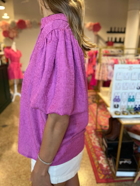Textured Button Up Puff Sleeve Top - Orchid-K. Ellis Boutique