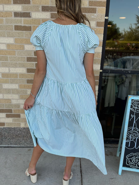 V-Neck Striped Tiered Midi Dress- Mint-K. Ellis Boutique