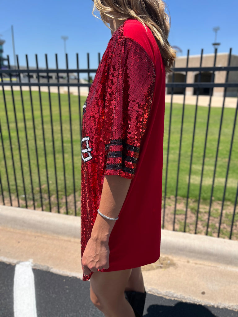 FOOTBALL HELMET SEQUIN DRESS/TUNIC/TOP - RED / BLACK