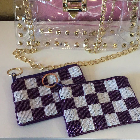Checkered Keychain Pouch- Purple/White-K. Ellis Boutique
