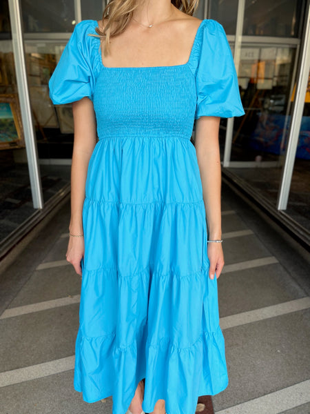 Bubble Sleve Tiered Maxi Dress- Aqua-K. Ellis Boutique