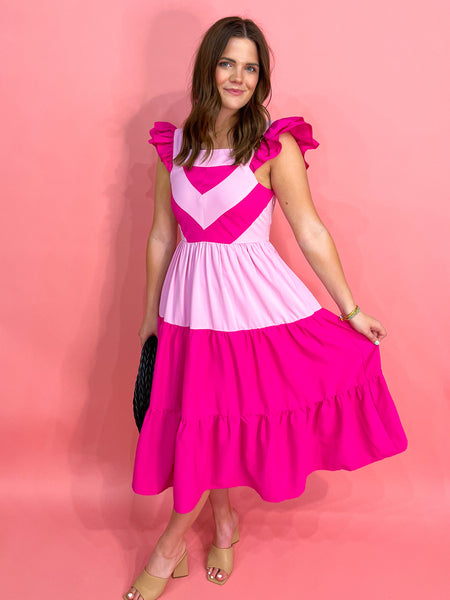 Colorblock Ruffle Sleeve Tiered Midi Dress- Pink-K. Ellis Boutique