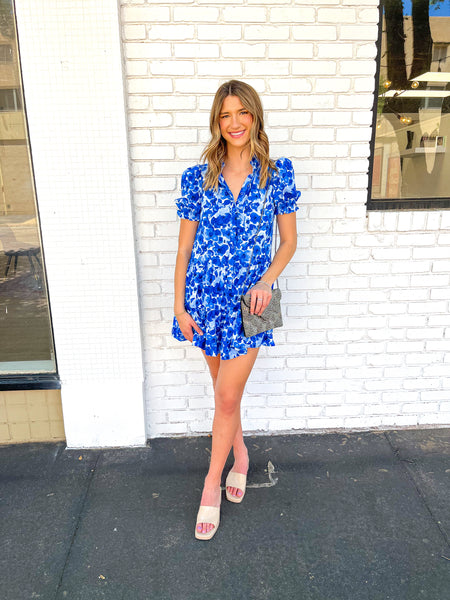Floral Printed Dress With Ruffled Collar - Blue-K. Ellis Boutique
