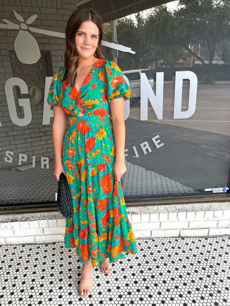 Floral Puff Sleeve Tiered Midi Dress - Green-K. Ellis Boutique