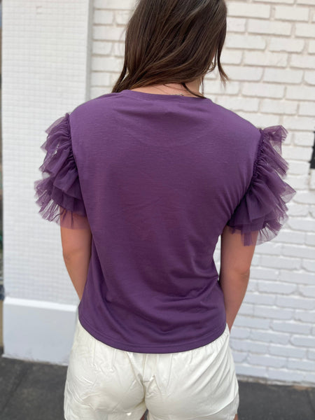 Mesh Lace Ruffled Sleeve Knit Top- Purple-K. Ellis Boutique