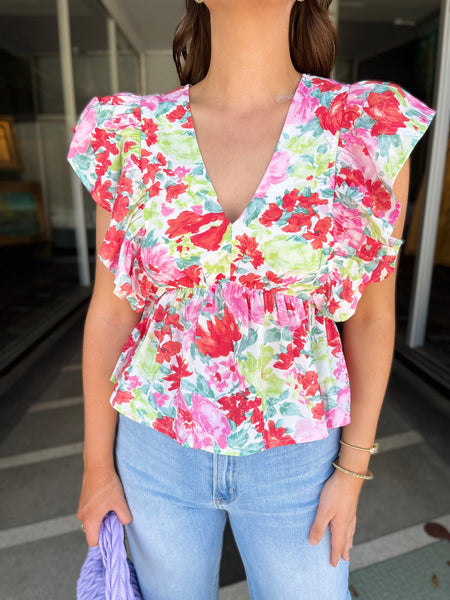 Ruffle Sleeve Floral Print Top - Pink Red-K. Ellis Boutique