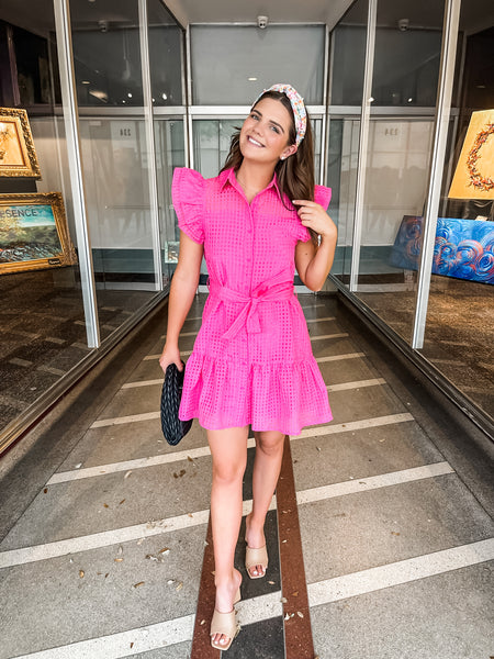 Sheer Grid Tiered Mini Dress -Hot Pink-K. Ellis Boutique