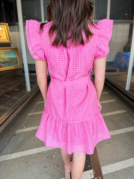 Sheer Grid Tiered Mini Dress -Hot Pink-K. Ellis Boutique